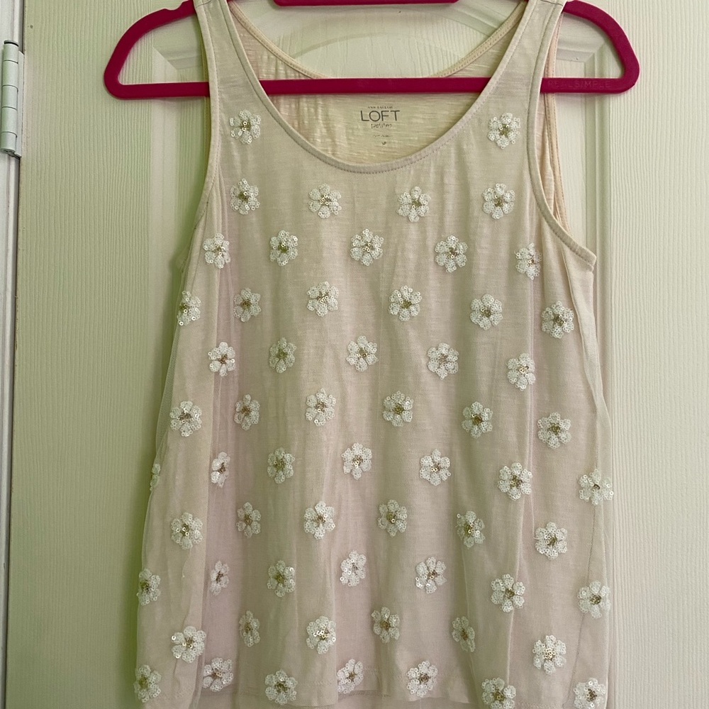 LOFT Beige Floral Embroidered Tank Top
